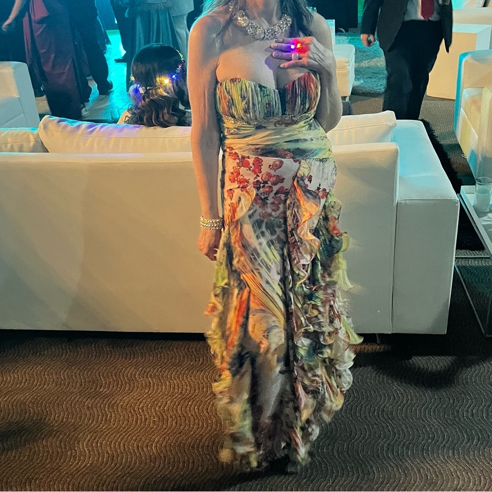 JOVANI SIZE 2 STUNNING STRAPLESS LONG MULTICOLOR PRINT MERMAID DRESS